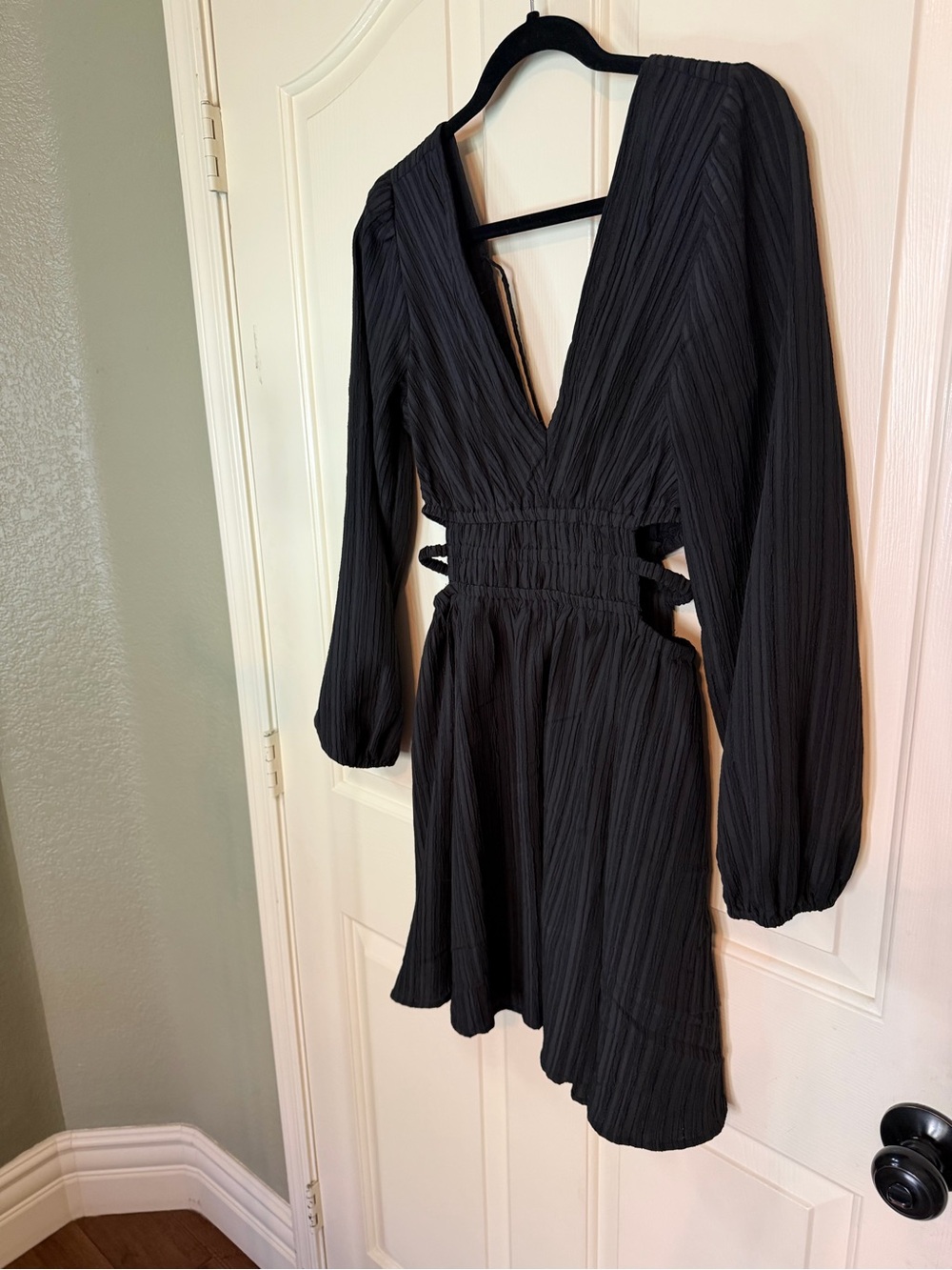 Black Long-Sleeve Deep V Mini Dress with Side Cutouts